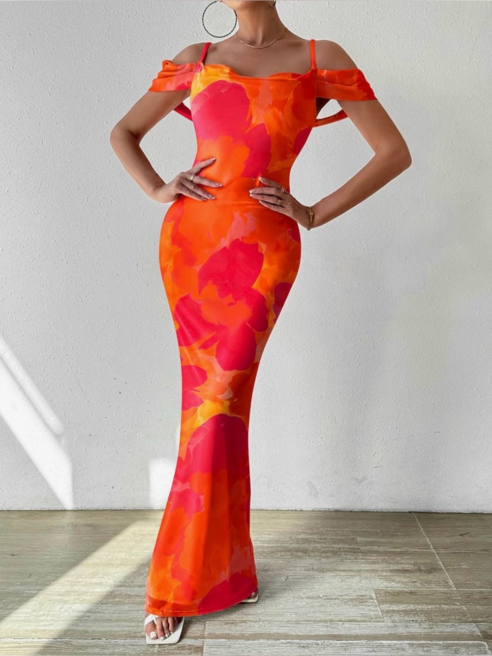 Off-Shoulder Orange & Pink Bodycon Maxi Dress